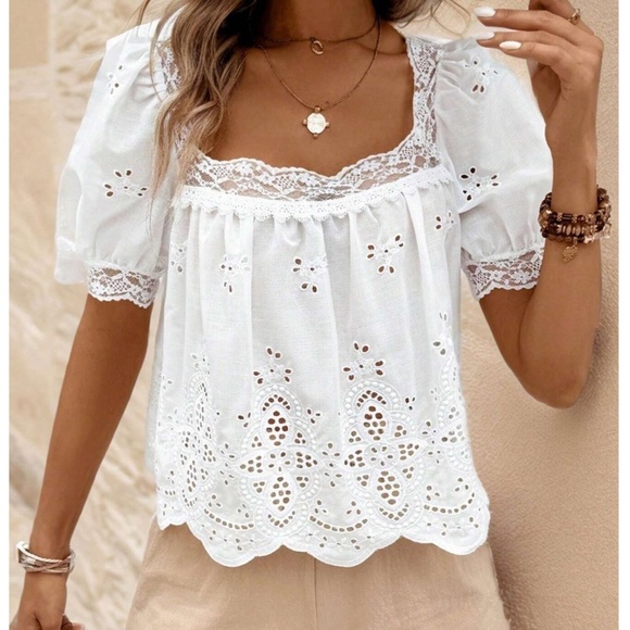 012 Boho White Eyelet Puff Sleeve Lace Blouse - Picture 2 of 5